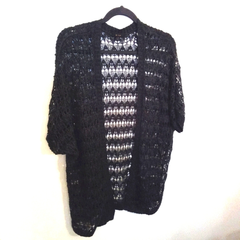 Mine Women's Dark Green Marled Yarn Open Work Crochet Cardigan